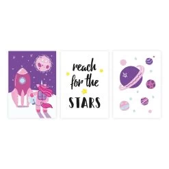 Kinderzimmer Bilder: Poster Einhorn Im Weltraum Als A4 3er-Set -Kullaloo poster 3er set einhorn rakete illustration rosa 1