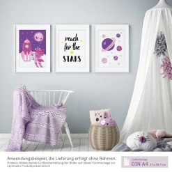 Kinderzimmer Bilder: Poster Einhorn Im Weltraum Als A4 3er-Set -Kullaloo poster 3er set einhorn rakete illustration rosa 8