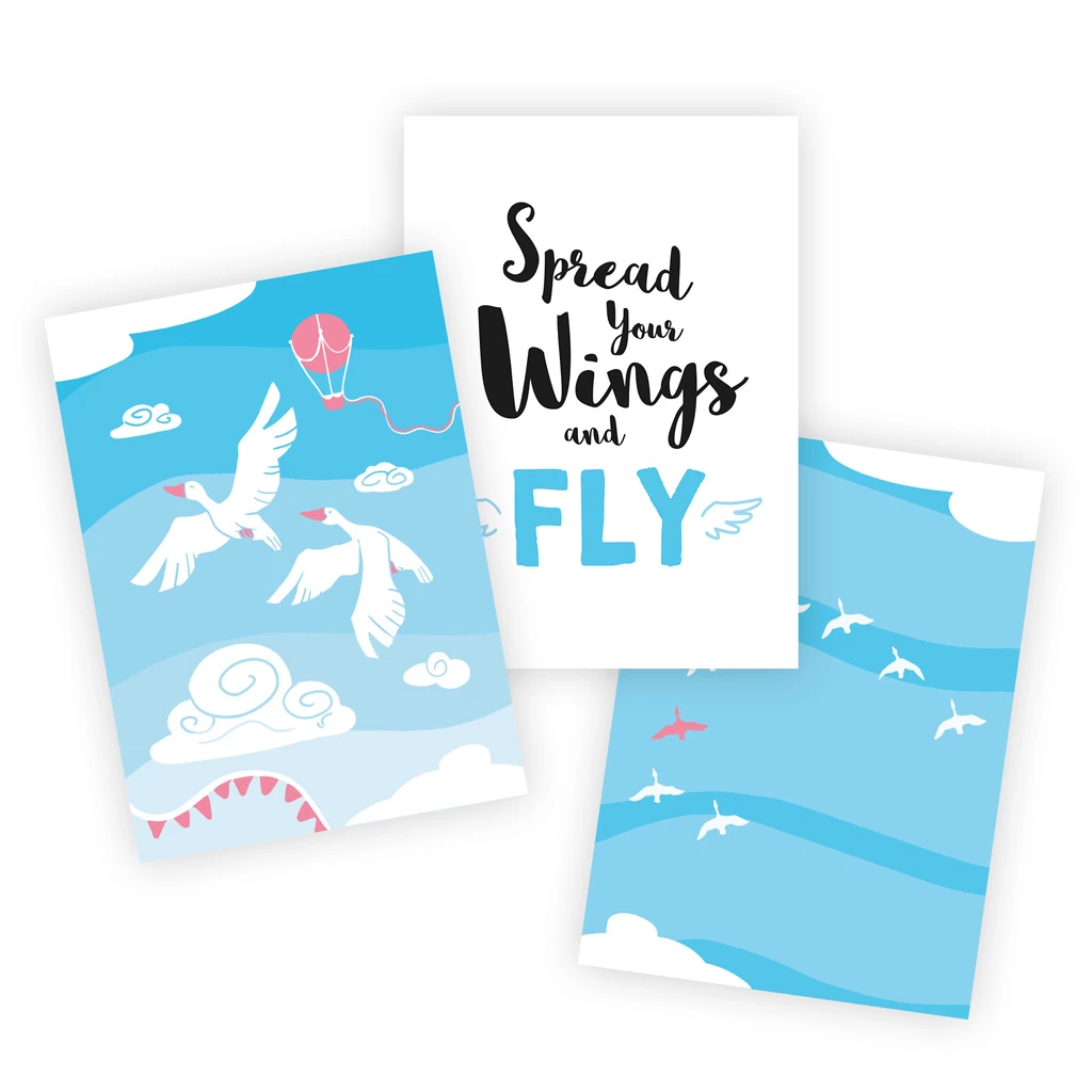 Poster Für Babyzimmer: A4 3er-Set Mit Gänse Illustration Und Spruch "Spread Your Wings And Fly" 1 Poster Für Babyzimmer: A4 3er-Set Mit Gänse Illustration Und Spruch "Spread Your Wings And Fly"