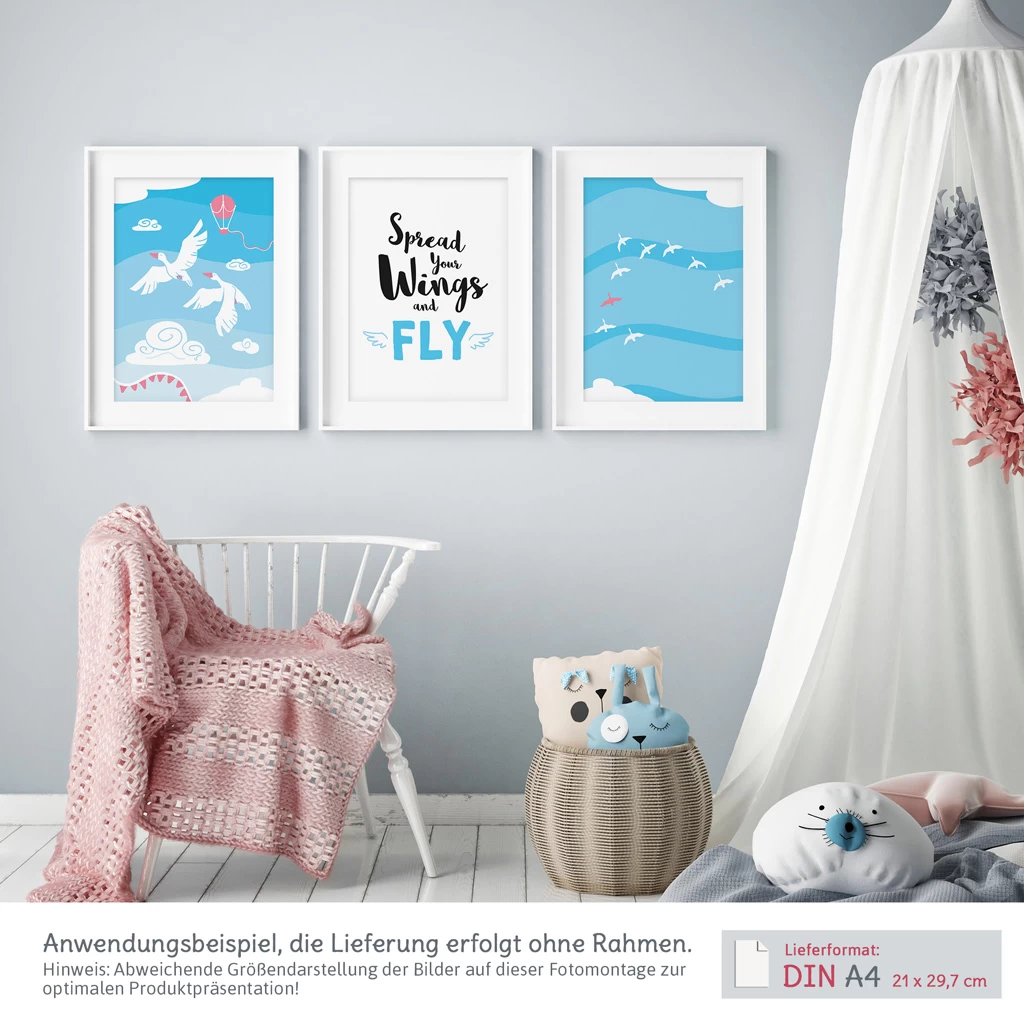 Poster Für Babyzimmer: A4 3er-Set Mit Gänse Illustration Und Spruch "Spread Your Wings And Fly" 2 Poster Für Babyzimmer: A4 3er-Set Mit Gänse Illustration Und Spruch "Spread Your Wings And Fly" – Bild 2