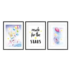 Kinderzimmer Poster Weltraum: A4 3er-Set Mit Motiv "Hase Mit Ballons" -Kullaloo poster 3er set hase weltraum aquarell 3