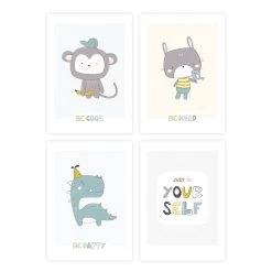 Skandinavische Kinderzimmer Deko: A4 4er-Posterset Mit Affe, Hase, Dinosaurier Und Spruch -Kullaloo poster 4er set just be yourself 1
