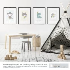 Skandinavische Kinderzimmer Deko: A4 4er-Posterset Mit Affe, Hase, Dinosaurier Und Spruch -Kullaloo poster 4er set just be yourself 12