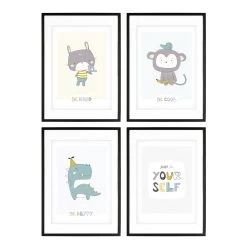 Skandinavische Kinderzimmer Deko: A4 4er-Posterset Mit Affe, Hase, Dinosaurier Und Spruch -Kullaloo poster 4er set just be yourself 3