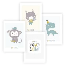 Skandinavische Kinderzimmer Deko: A4 4er-Posterset Mit Affe, Hase, Dinosaurier Und Spruch