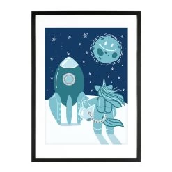A3 Poster Für Kinderzimmer "Einhorn Im Weltraum" Blau -Kullaloo poster A3 einhorn rakete illustration blau 3