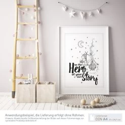 A3 Kinderposter Einhorn "Be The Hero Of Your Own Story" In Schwarz-weiß -Kullaloo poster A3 einhorn zelt ink 6