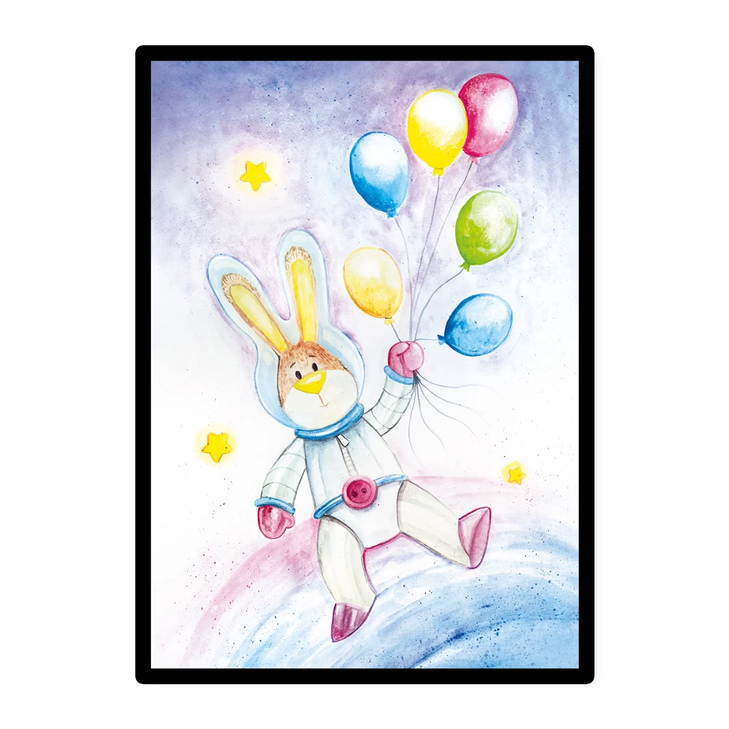 A3 Kinderzimmer Poster: Aquarell "Hase Mit Ballons Im Weltraum" 5 A3 Kinderzimmer Poster: Aquarell "Hase Mit Ballons Im Weltraum" – Bild 5