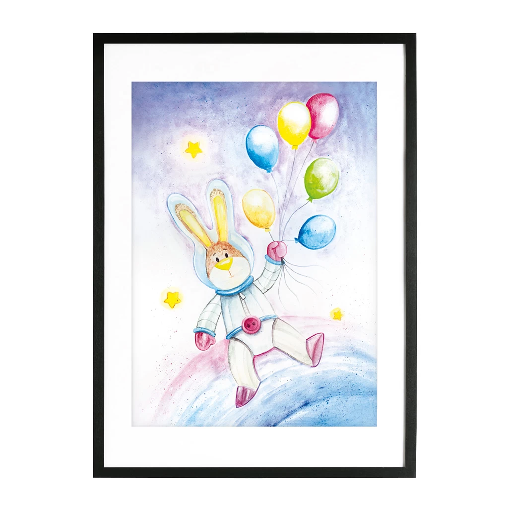 A3 Kinderzimmer Poster: Aquarell "Hase Mit Ballons Im Weltraum" 4 A3 Kinderzimmer Poster: Aquarell "Hase Mit Ballons Im Weltraum" – Bild 4