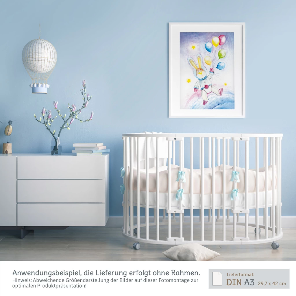A3 Kinderzimmer Poster: Aquarell "Hase Mit Ballons Im Weltraum" 2 A3 Kinderzimmer Poster: Aquarell "Hase Mit Ballons Im Weltraum" – Bild 2