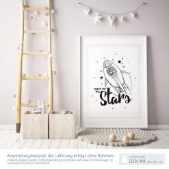 A3 Poster Babyzimmer / Kinderzimmer "Reach For The Stars" In Schwarz-weiß Mit Rakete -Kullaloo poster A3 rakete hase einhorn ink 6